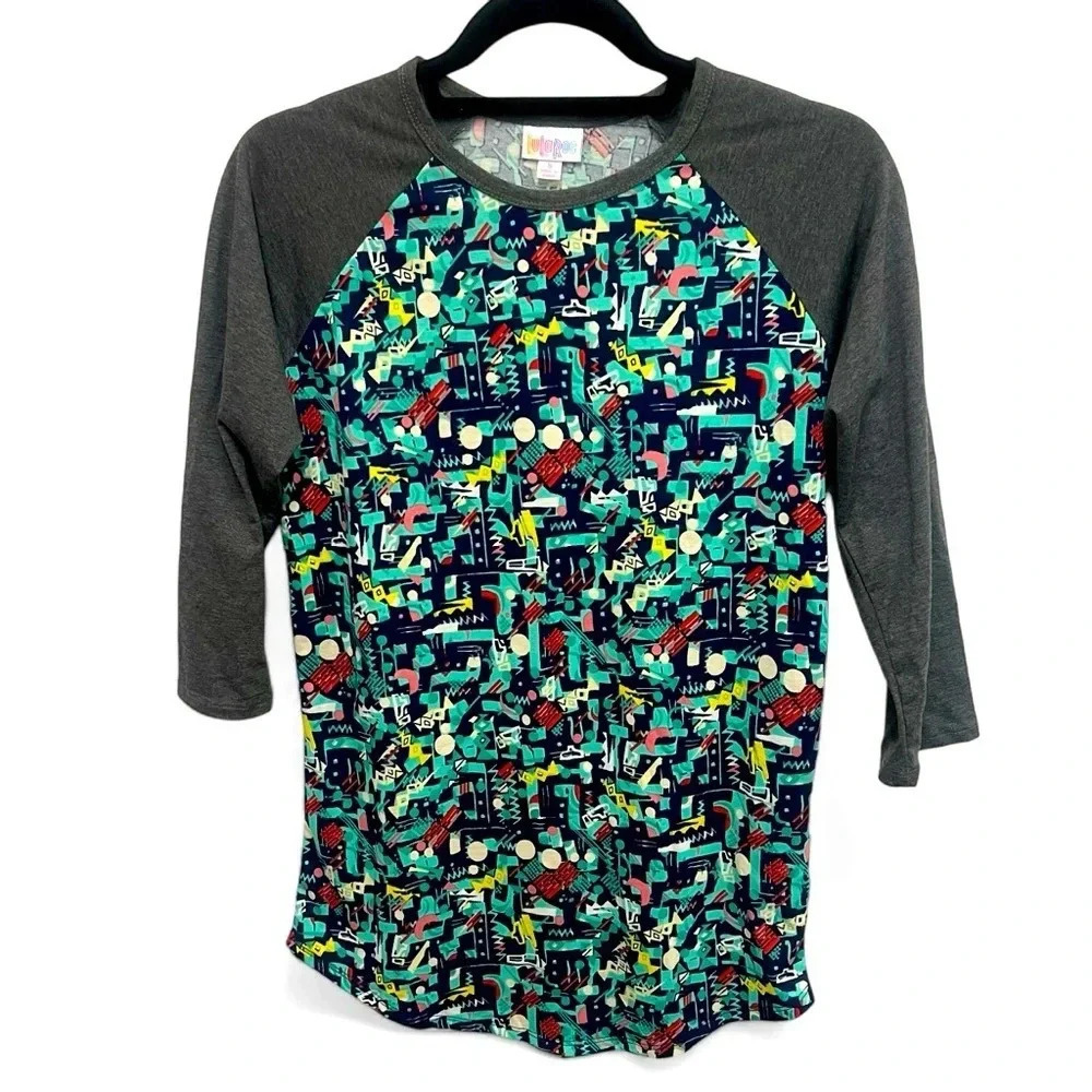 LuLaRoe Randy baseball style T-shirt with grey sleeves and 80s pattern size S